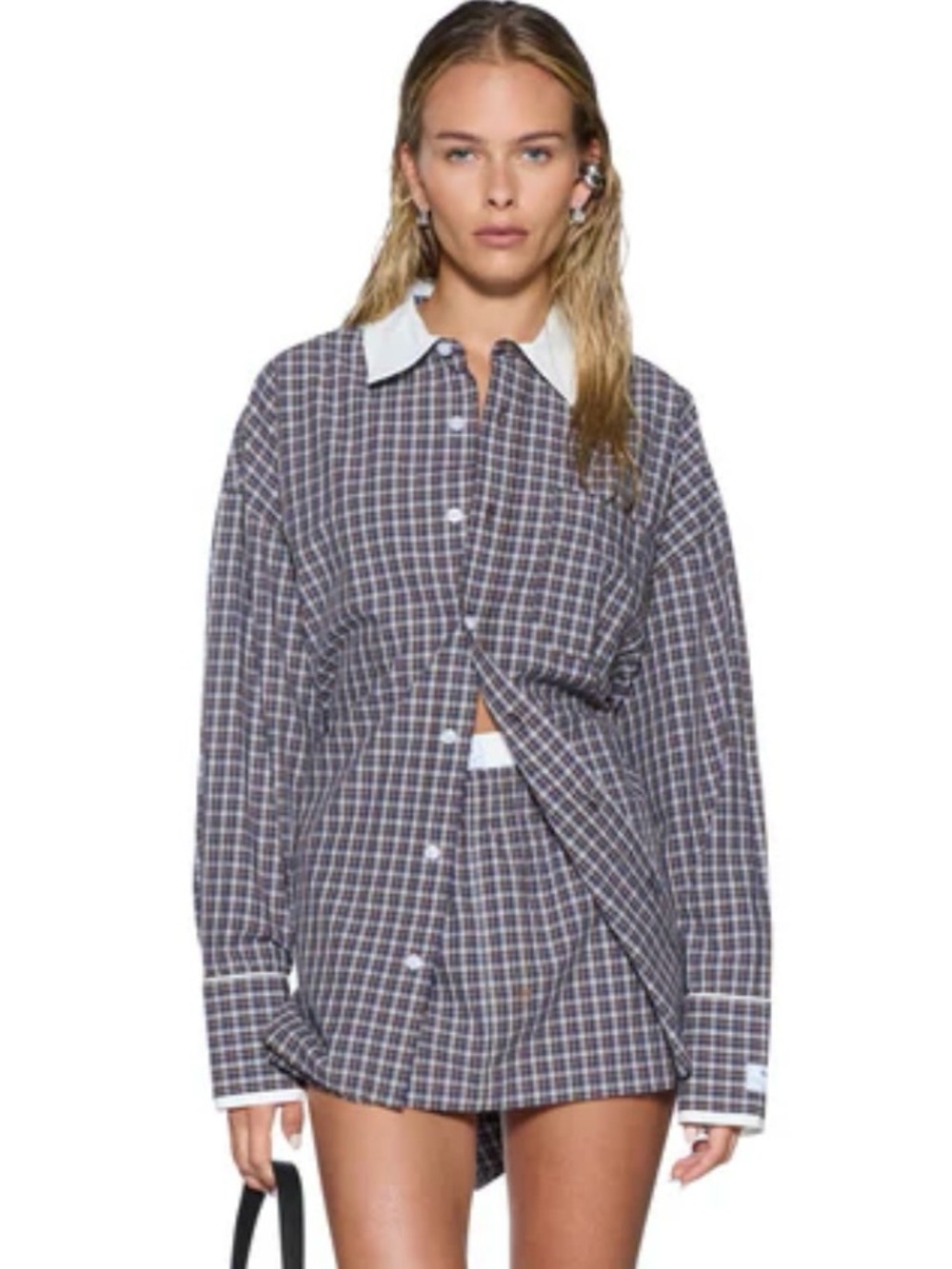 Ksubi Navy and White Checked Button-Down Shirt with Matching Mini Skirt